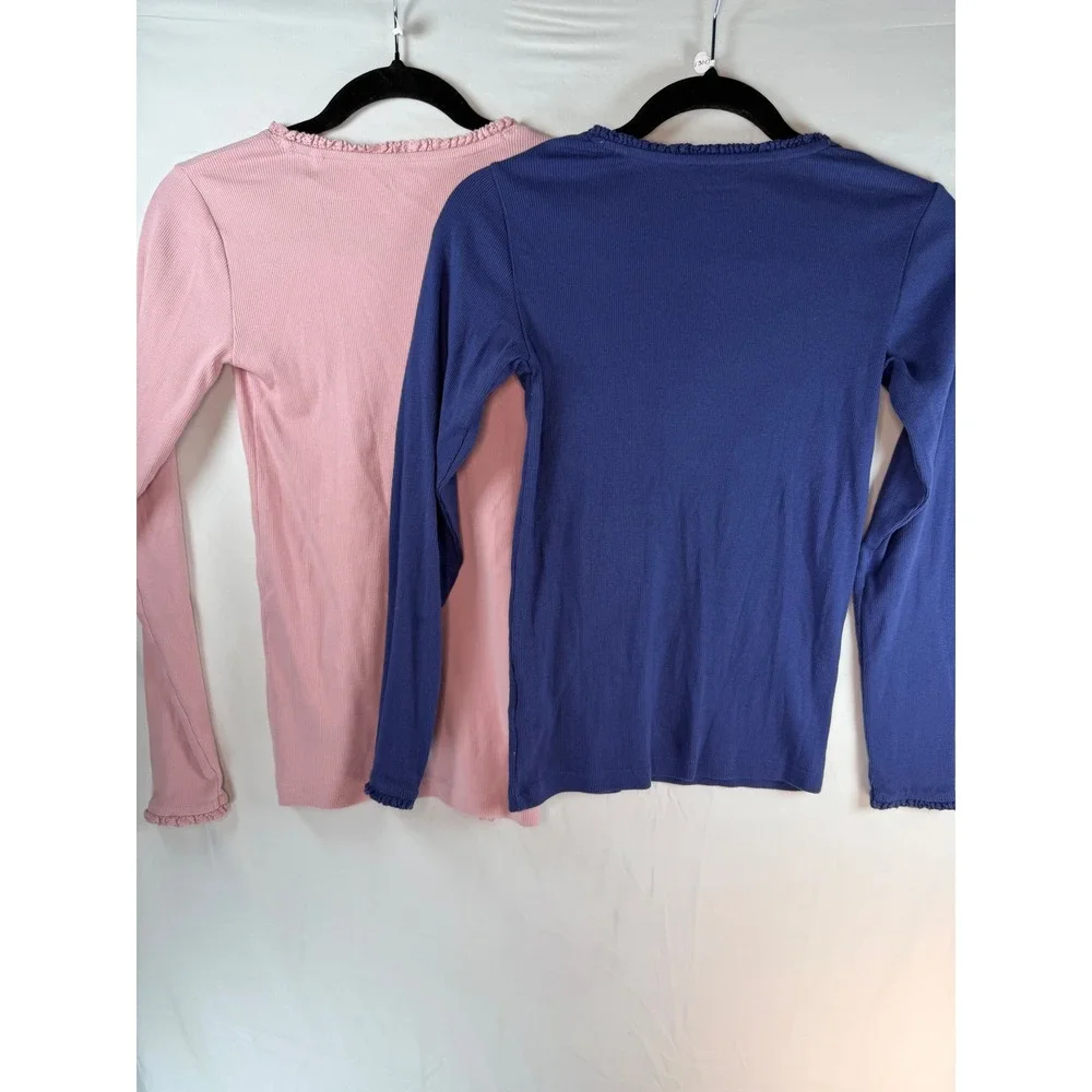 Mini Boden Girls Ribbed Long Sleeve Tops 2PK Navy Pink Lettuce Trim 13-14Y